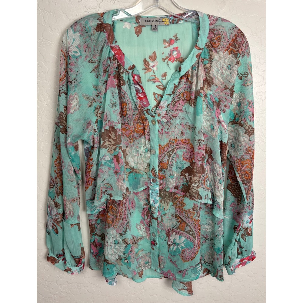 Anthropologie Figueroa & Flower Teal Floral Paisley Chiffon Button Blouse M 2321